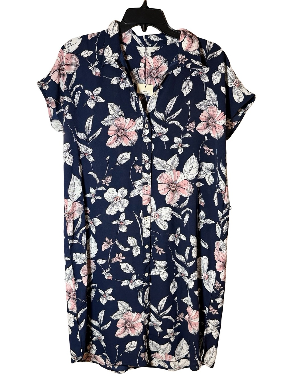 NWT Pigalle Navy Floral Button-Front Women's Shirt Dress with Pink Accents